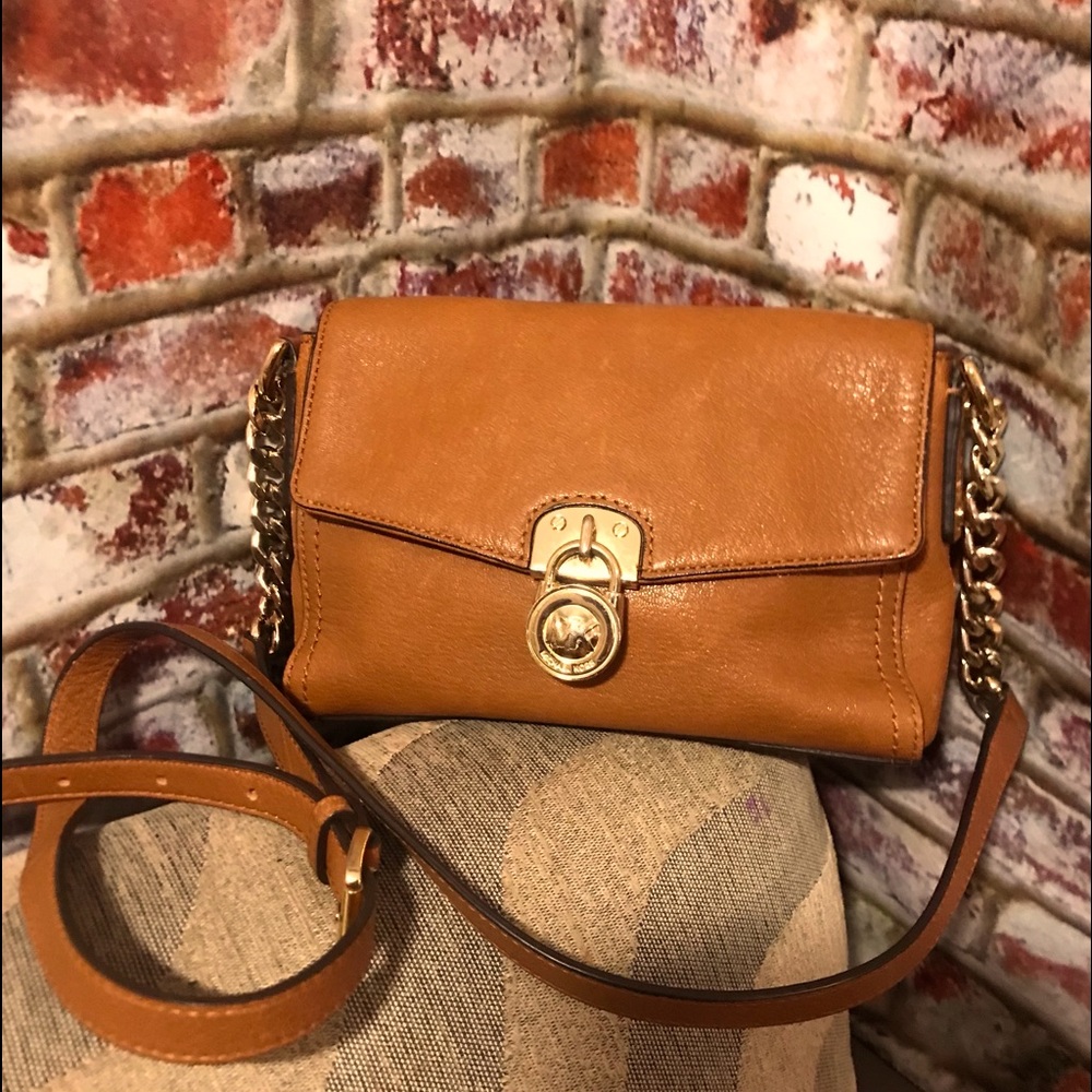 Authentic Michael Kors Camel Leather Crossbody Bag With Leather Chain strap